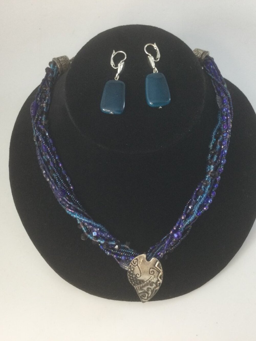 Chico's Twisted Strands Glass Beads Necklace Blue Silver Metal Pendant Earrings